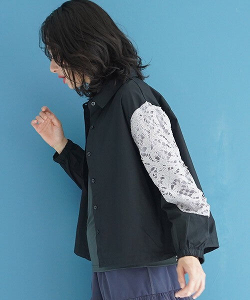 【OFV1010】Button Shirt/Blouse Lace Sleeve Switching