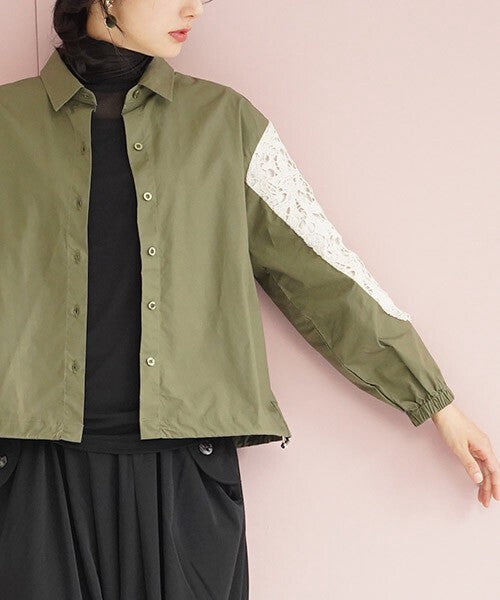 【OFV1010】Button Shirt/Blouse Lace Sleeve Switching