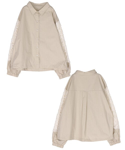 【OFV1010】Button Shirt/Blouse Lace Sleeve Switching