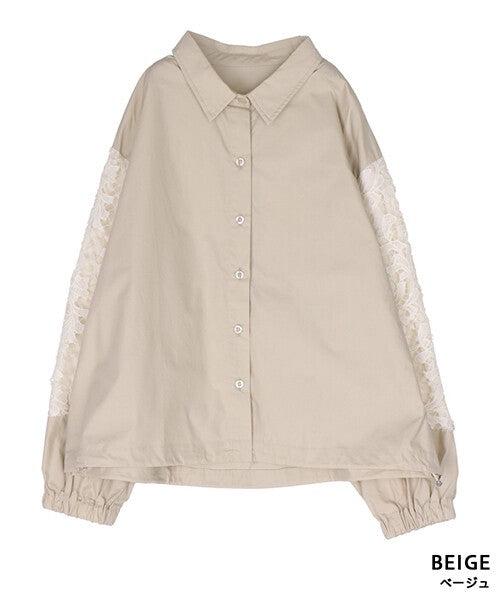 【OFV1010】Button Shirt/Blouse Lace Sleeve Switching