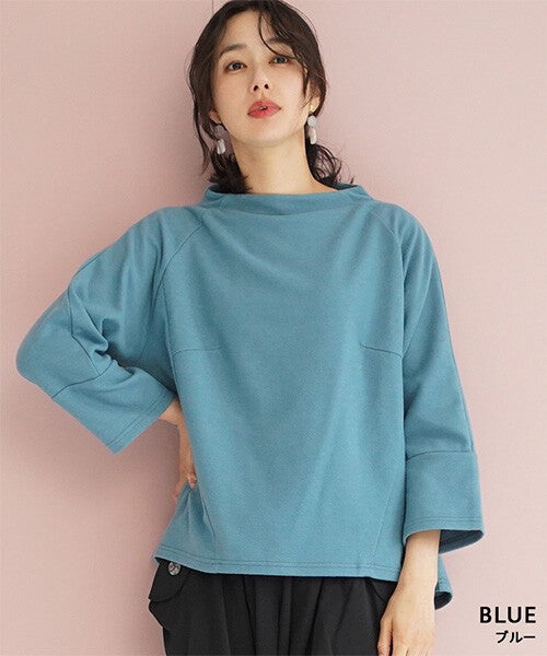 【OFV1013】T-shirt Back Button Mock Neck Switching