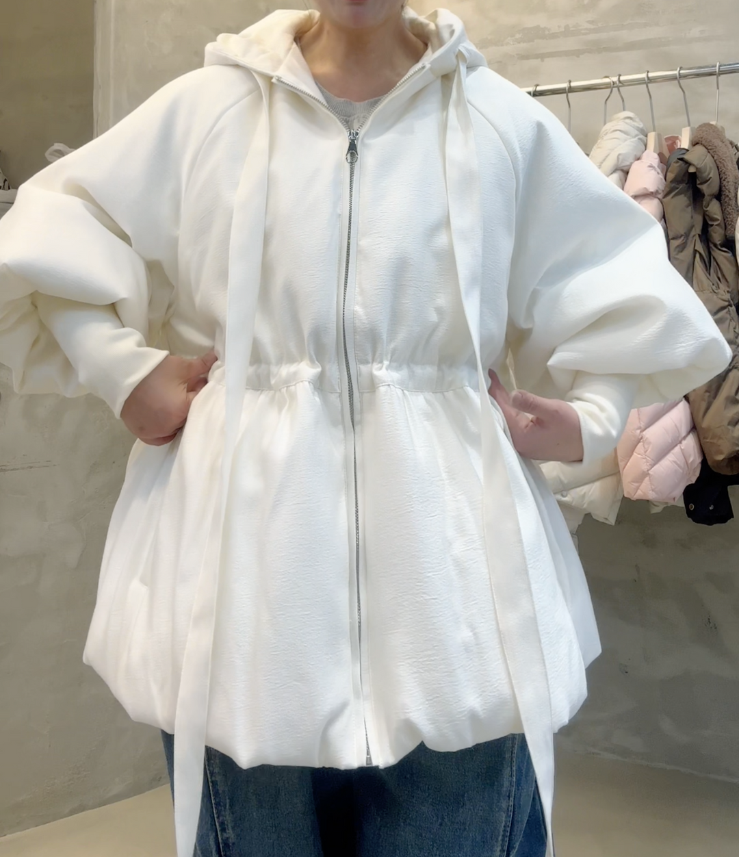 KWMS811 - Ribbon Hooded Down Jacket