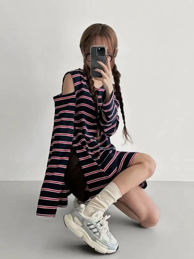 KYM208 ~ Multi Stripe Slit Top